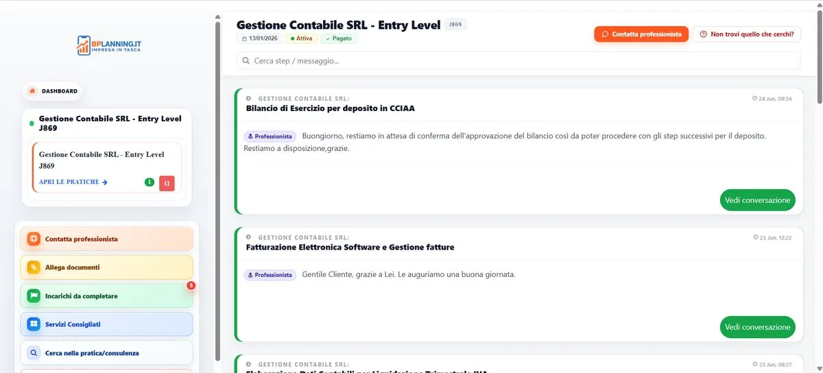 Piattaforma BPlanning: dettaglio di una pratica contabile e conversazioni con il professionista.