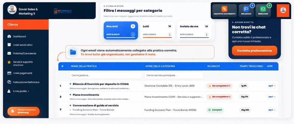Area riservata BPlanning: le email organizzate automaticamente per pratica e categoria