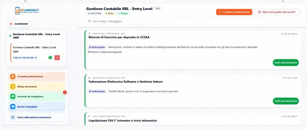 Dashboard BPlanning con lo stato delle pratiche e la conversazione con il professionista